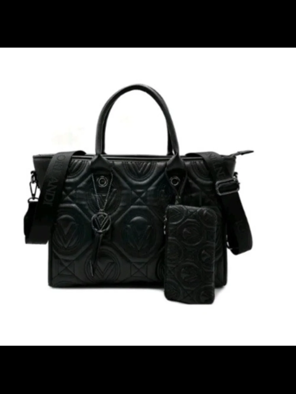 NWT,Valintino Orlandi Quilted Vegan Leather Tote Bag with Wristlet - Black
